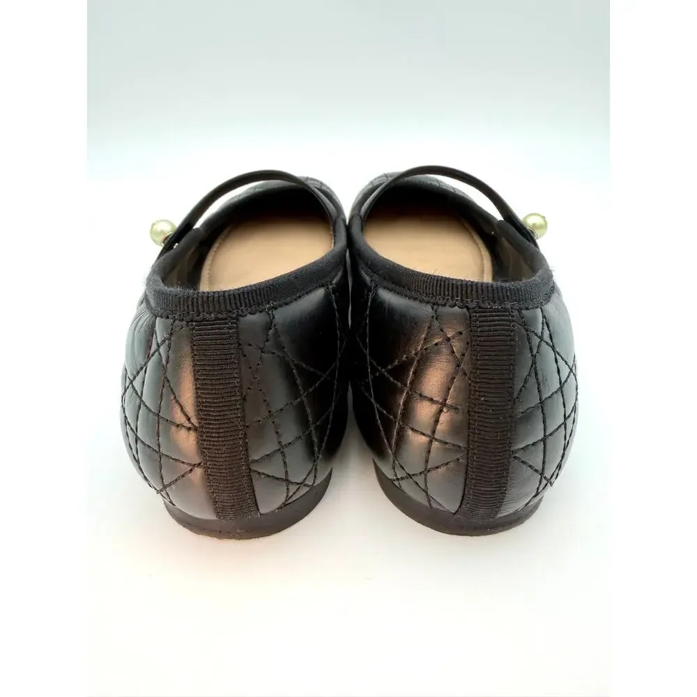 Dior Cannage Mary Jane Ballet Flats Black Leather Quilted Size 37.5 / 7.5 Pearl